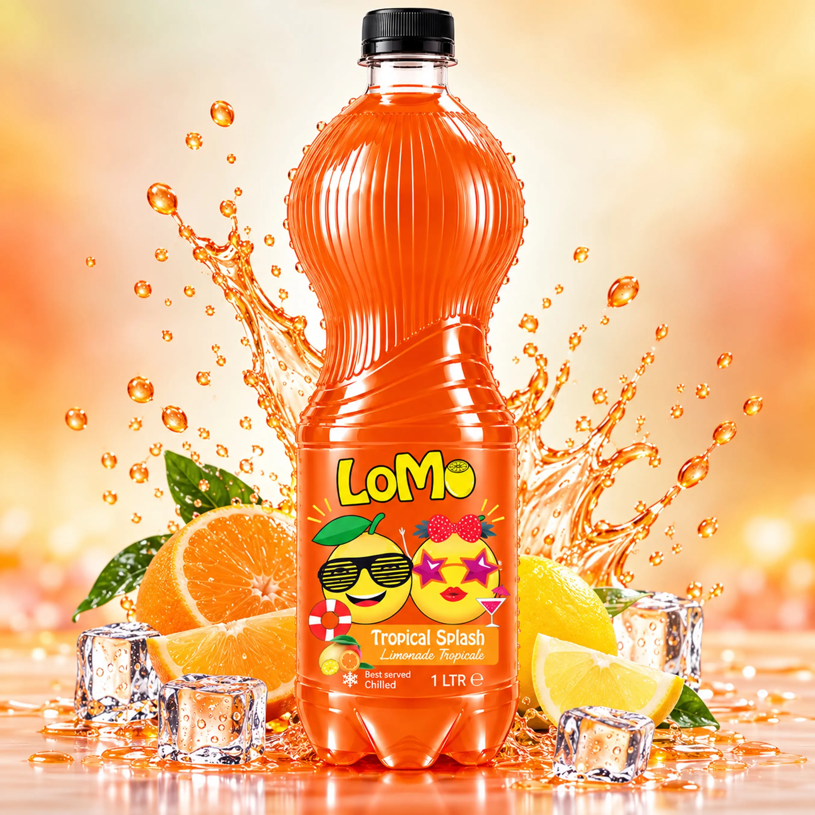 LOMO Tropical Splash 1L lemonade bottle with orange and lemon, ice cubes and citrus splash.